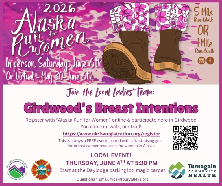 2026 Alaska Run for Women flyer: local team Girdwood's Breast Intentions, Thursday, June 4th at 5:30 PM, Daylodge lot.