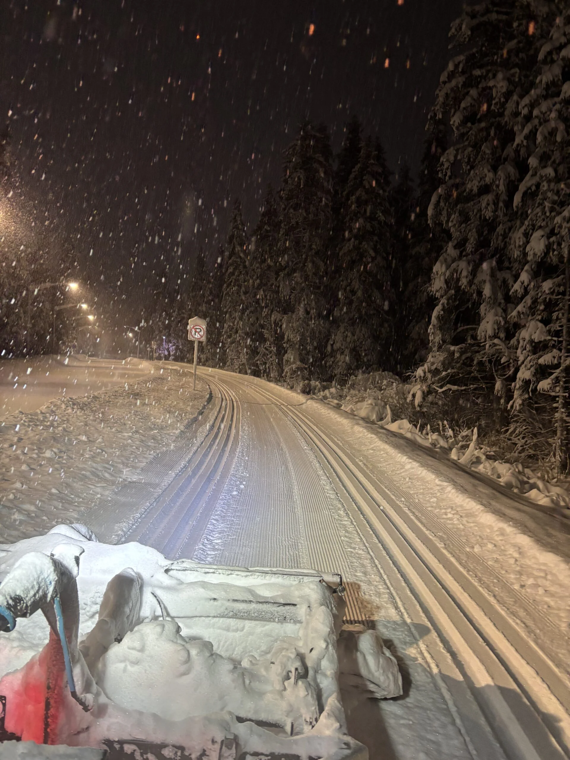 Snow falls at night on fresh classic tracks and corduroy beside a road with streetlights and a no-parking sign.