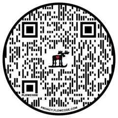Round Flowcode QR code with a black moose on skis and a red heart at its center.