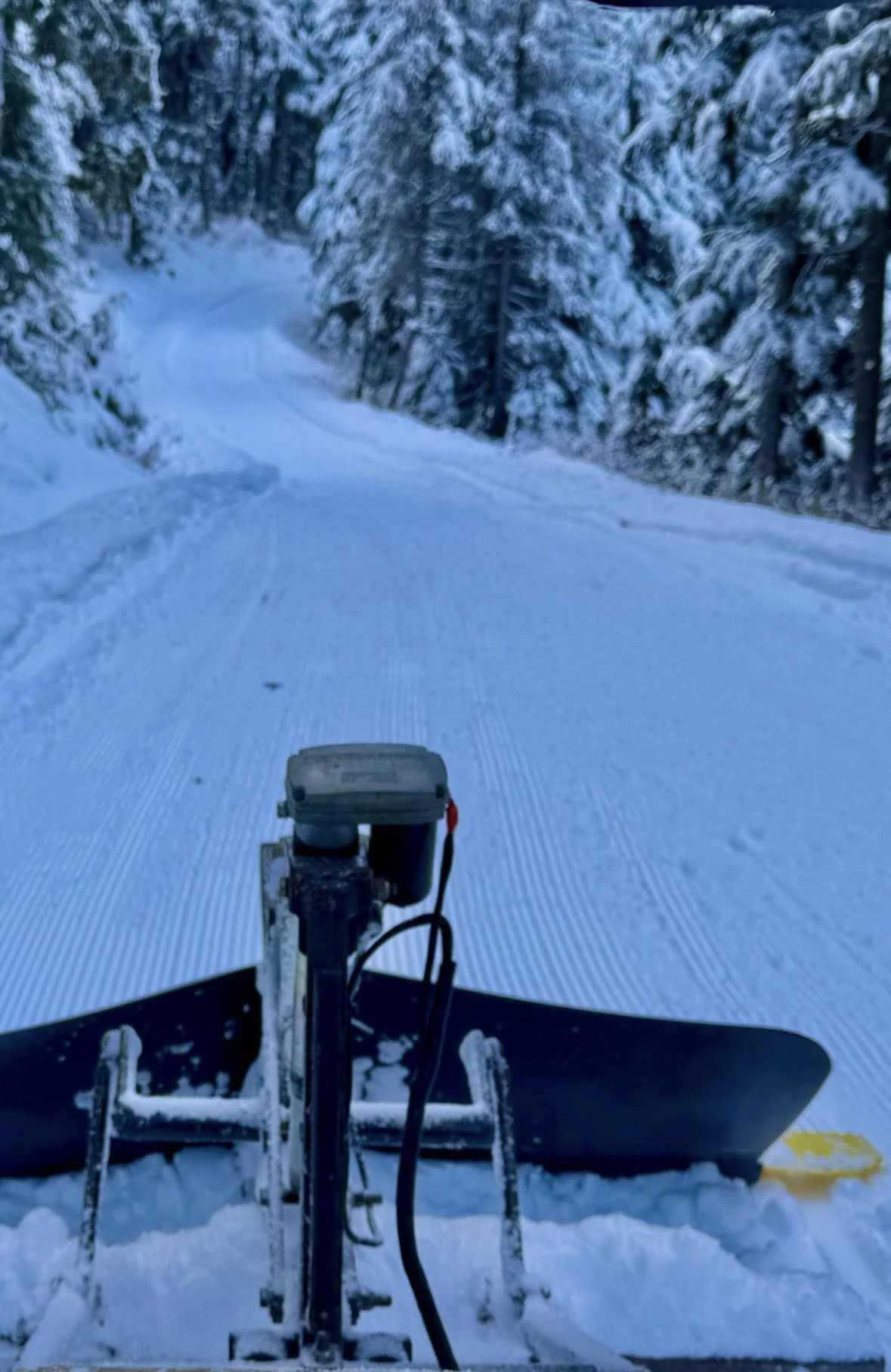 A towed groomer with black side wings sits on fresh corduroy on a trail through heavily snow-covered trees.