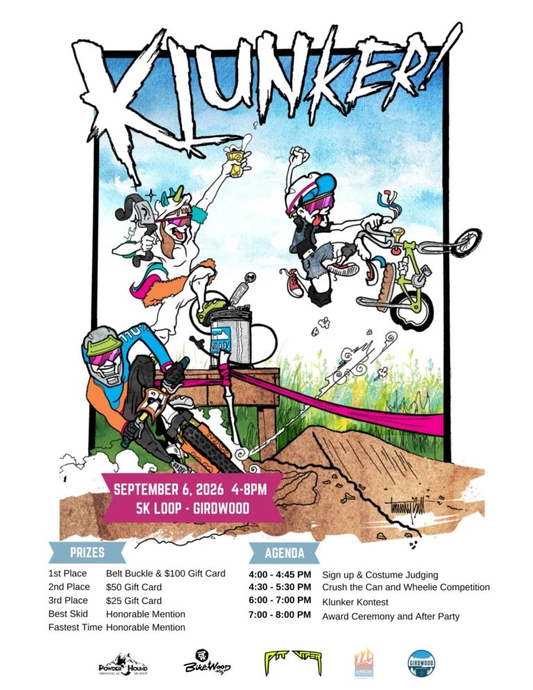 Klunker! flyer: September 6, 2026, 4 to 8 pm at the 5K Loop in Girdwood, with the prizes and the agenda.
