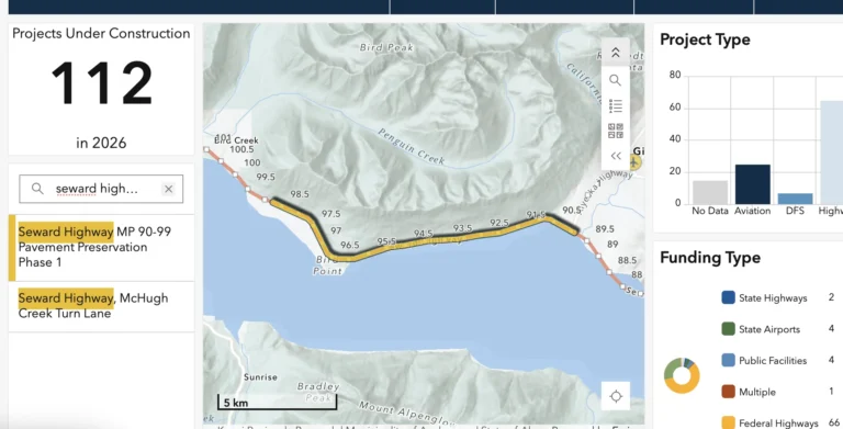 Map of 2026 Alaska DOT construction projects, with Seward Highway pavement work along Turnagain Arm near Girdwood.