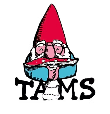 TAMS logo: a cartoon gnome in a red hat hugging a red and white mushroom.